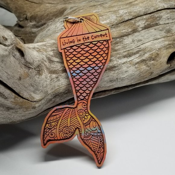 Mermaid Design II  Hand-painted  Solid Cherry Wood with 925 Sterling Silver Loop - Picture 3 of 6